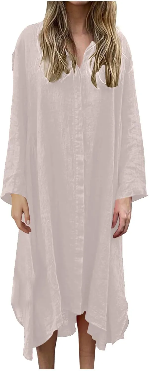 Womens Long Sleeve Button Down Shirts Dress Casual Linen Oversized Maxi Shift Dress Fashion Flowy High Low Hem Dress