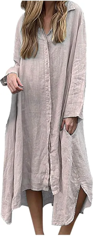 Womens Long Sleeve Button Down Shirts Dress Casual Linen Oversized Maxi Shift Dress Fashion Flowy High Low Hem Dress