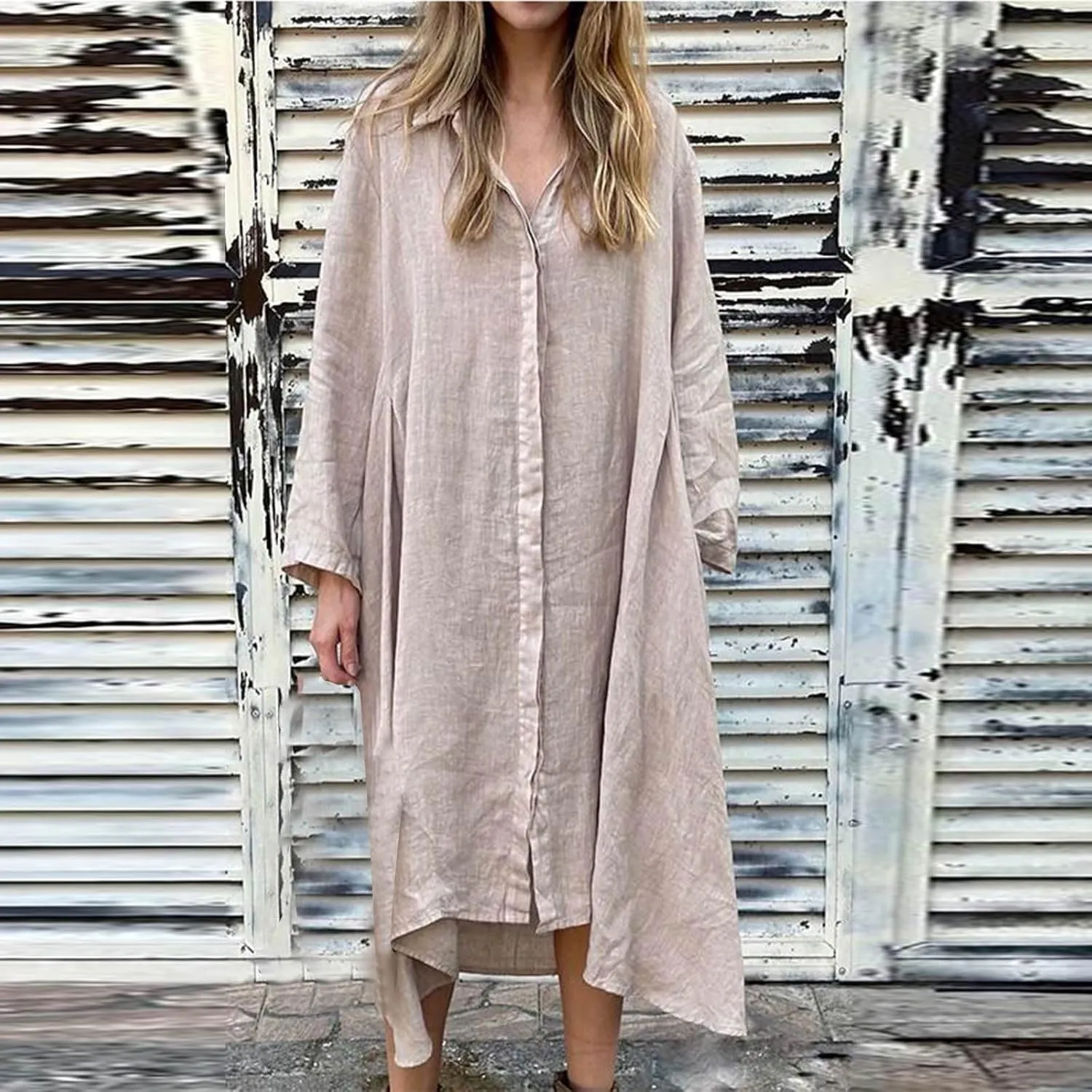 Womens Long Sleeve Button Down Shirts Dress Casual Linen Oversized Maxi Shift Dress Fashion Flowy High Low Hem Dress