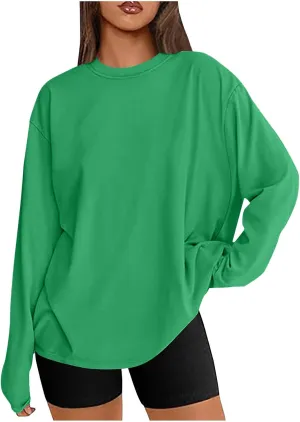 Womens Long Sleeve Shirts Oversized Crew Neck T-Shirt Drop Shoulder Casual Loose Fit Tops Fashion Trendy Outfits