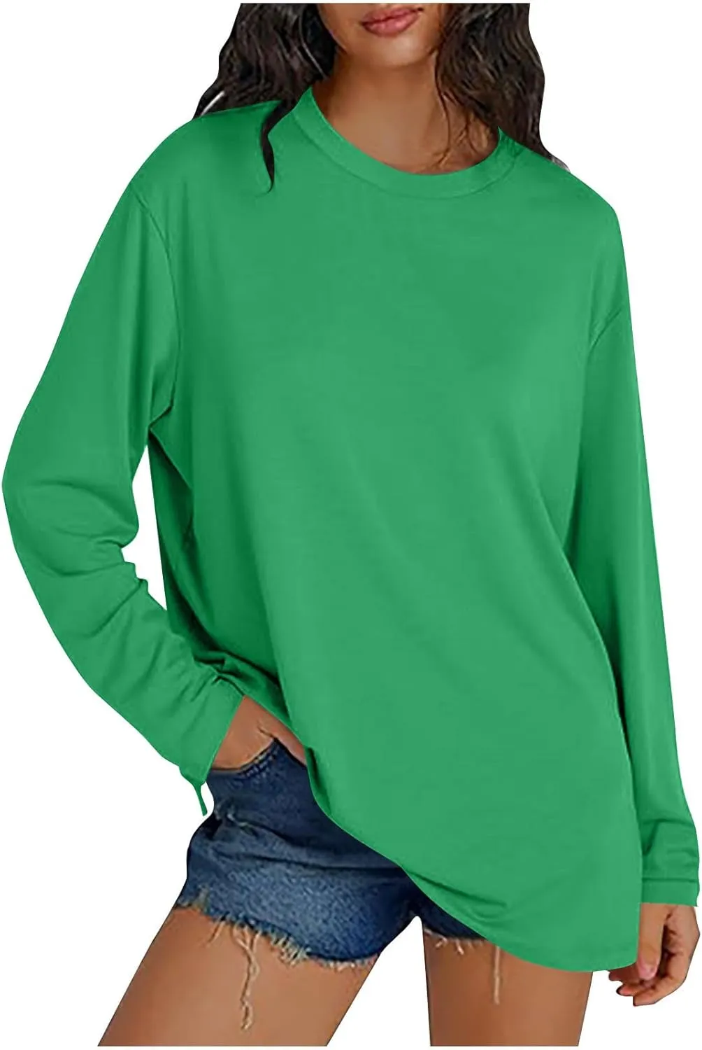 Womens Long Sleeve Shirts Oversized Crew Neck T-Shirt Drop Shoulder Casual Loose Fit Tops Fashion Trendy Outfits