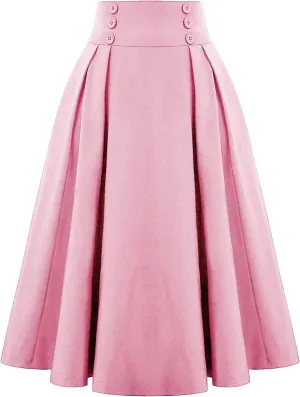 Womens Midi Skirts Vintage High Waist Business Casual Office Wear to Work Pleated A-Line Flared Long Skirt Dresses