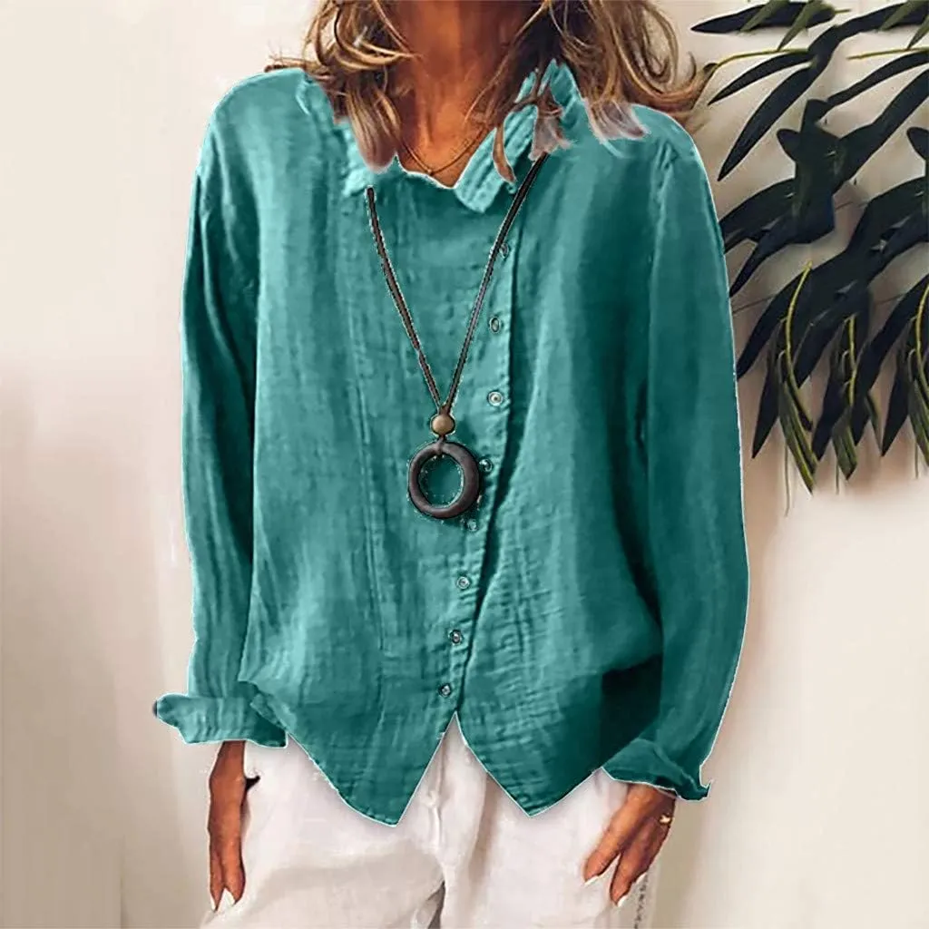 Womens Oversized Cotton Linen Shirts Spring Summer Loose Long Sleeve Button Down Tunic Blouses Office Work Casual Tops