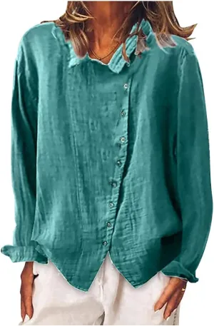 Womens Oversized Cotton Linen Shirts Spring Summer Loose Long Sleeve Button Down Tunic Blouses Office Work Casual Tops