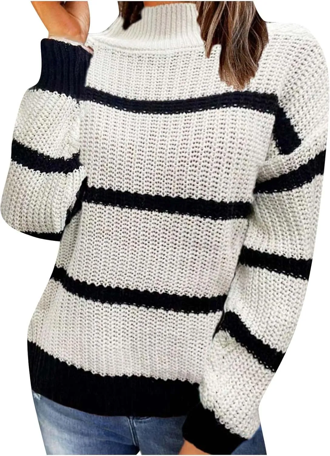 Womens Oversized Turtleneck Sweaters 2024 Fall Long Sleeve Tunic Sweater Color Block Cable Knit Pullover Jumpers Tops