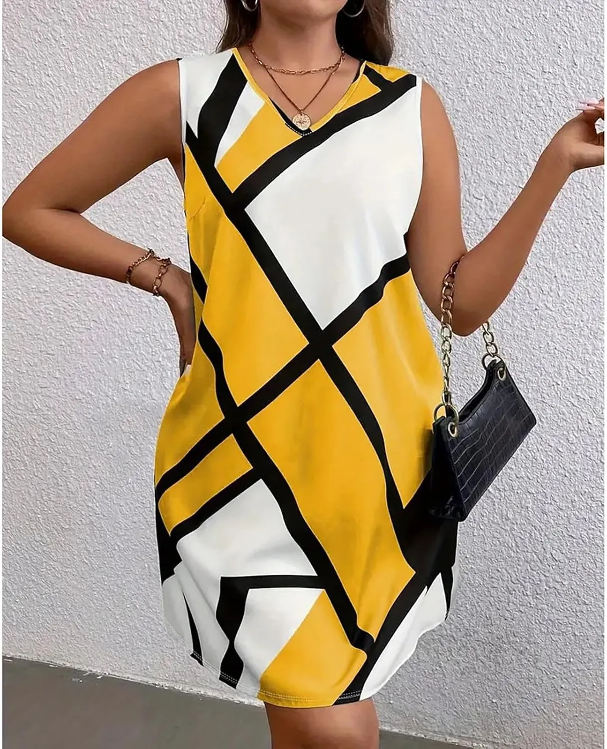 Womens Plus Size Mini Dress Fashion Print Dresses Sleeveless V Neck Loose Sundresses Beach Vacation Swim Cover Ups