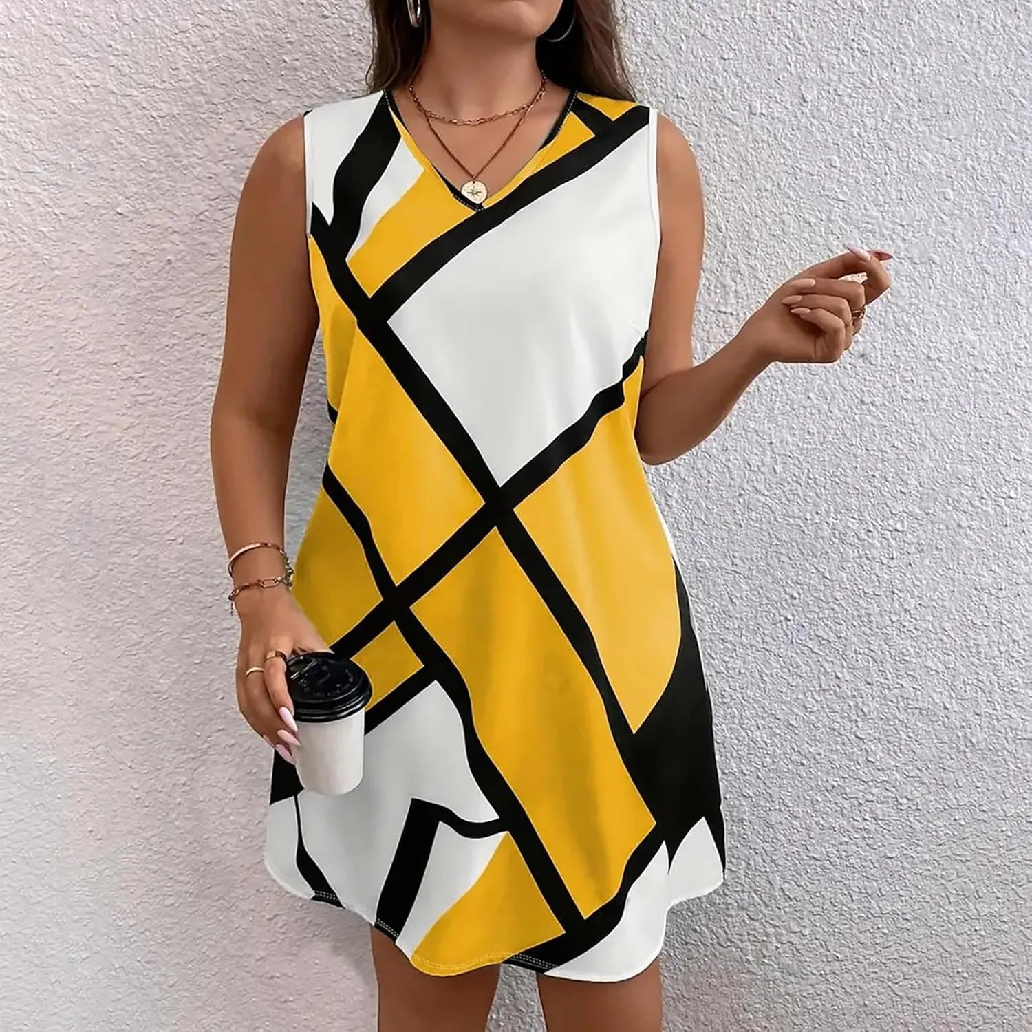Womens Plus Size Mini Dress Fashion Print Dresses Sleeveless V Neck Loose Sundresses Beach Vacation Swim Cover Ups