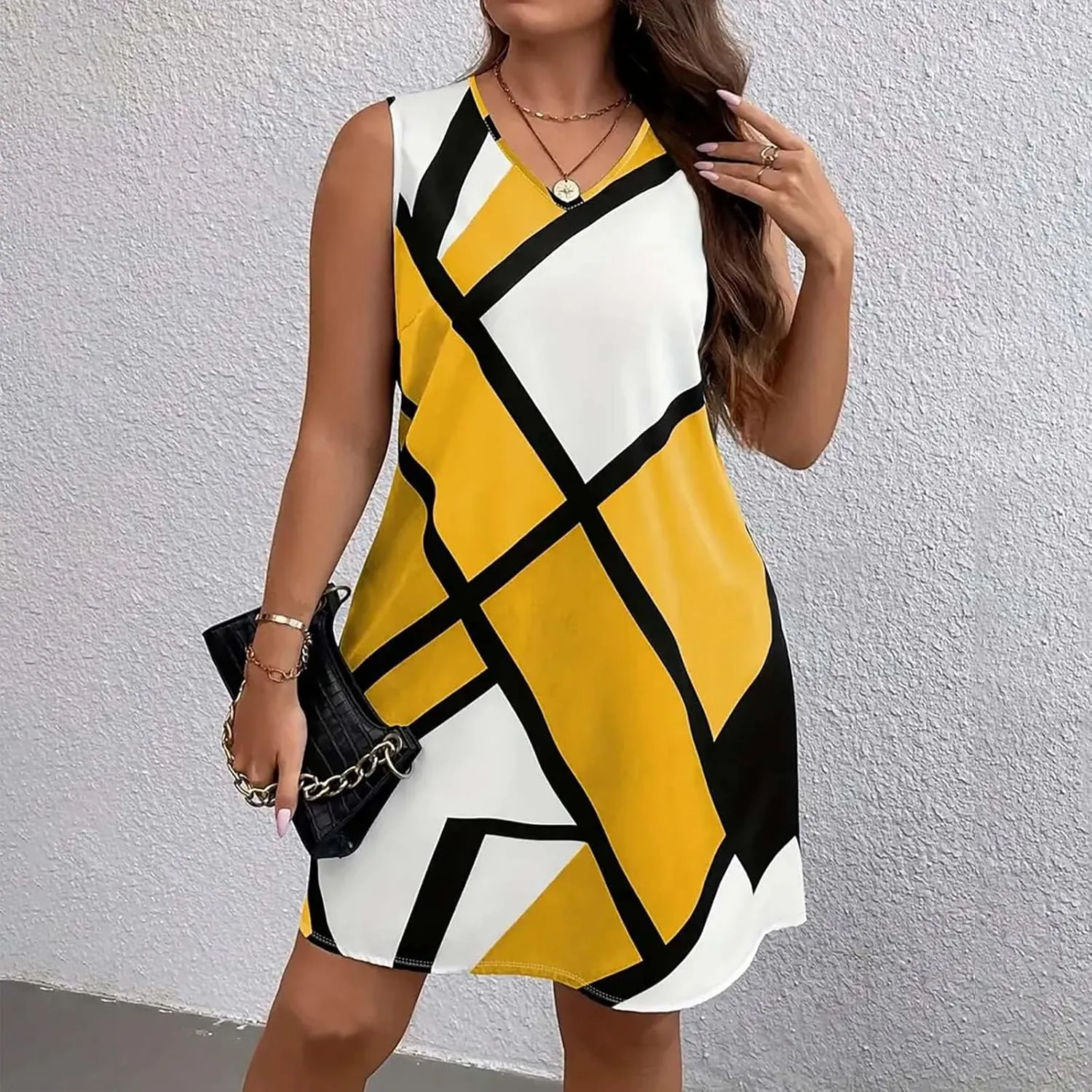 Womens Plus Size Mini Dress Fashion Print Dresses Sleeveless V Neck Loose Sundresses Beach Vacation Swim Cover Ups