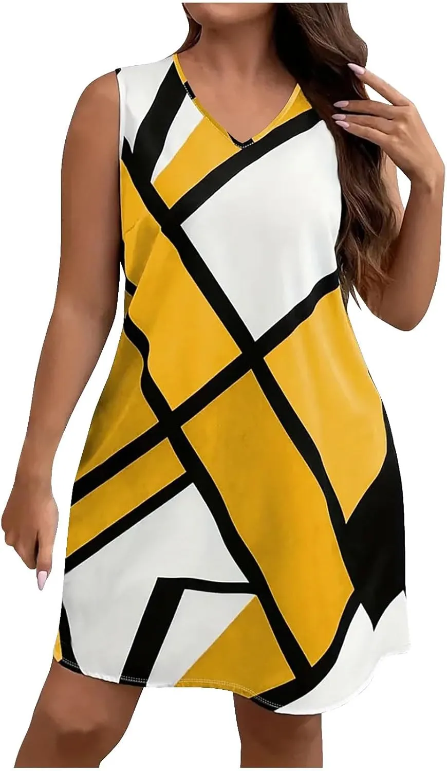 Womens Plus Size Mini Dress Fashion Print Dresses Sleeveless V Neck Loose Sundresses Beach Vacation Swim Cover Ups