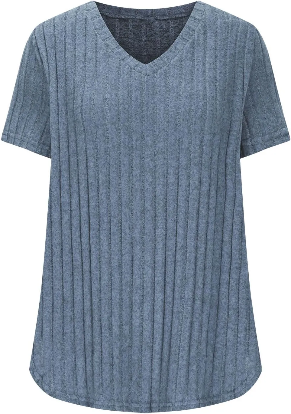 Womens Plus Size Tops Summer Short Sleeve V-Neck Casual Loose Solid Ribbed Knit Basic Tee Shirt