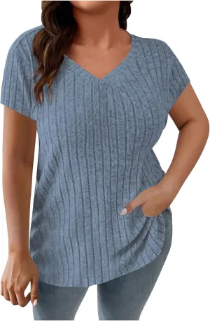 Womens Plus Size Tops Summer Short Sleeve V-Neck Casual Loose Solid Ribbed Knit Basic Tee Shirt