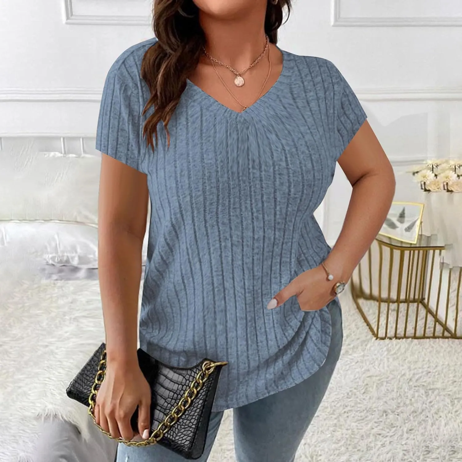 Womens Plus Size Tops Summer Short Sleeve V-Neck Casual Loose Solid Ribbed Knit Basic Tee Shirt