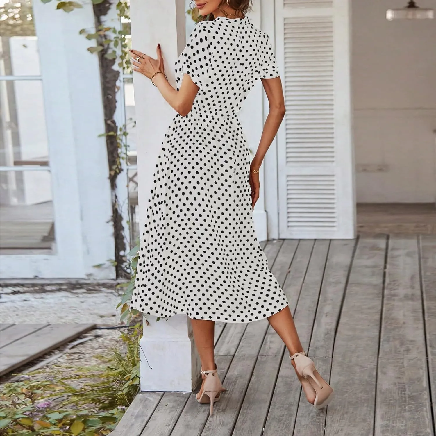 Womens Polka Dots Midi Dress Summer Short Sleeve V Neck Button Flowy Dress Elastic Waist A Line Boho Beach Dresses