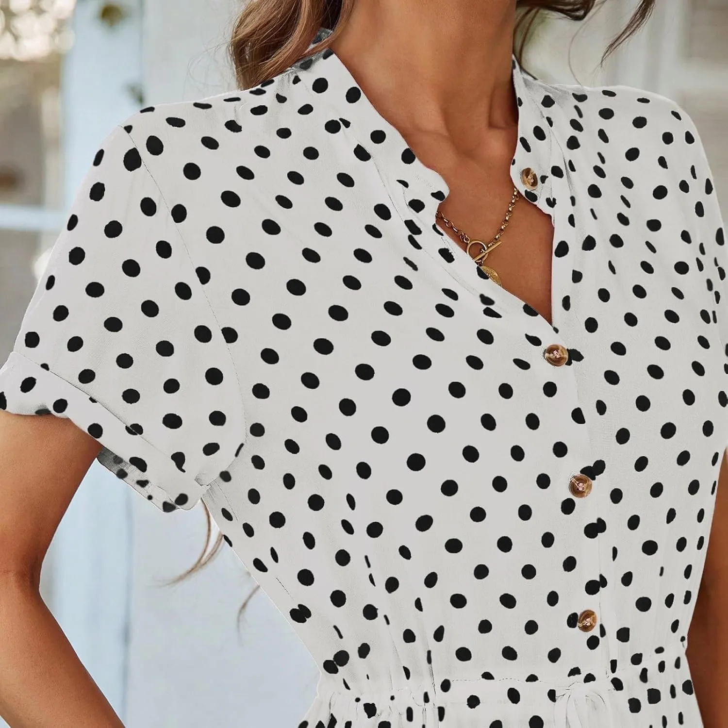 Womens Polka Dots Midi Dress Summer Short Sleeve V Neck Button Flowy Dress Elastic Waist A Line Boho Beach Dresses