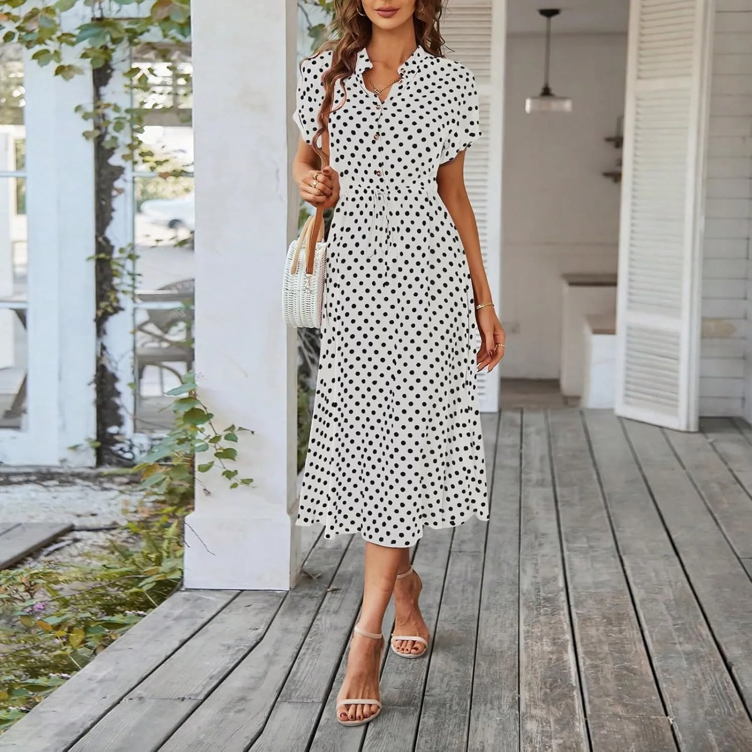 Womens Polka Dots Midi Dress Summer Short Sleeve V Neck Button Flowy Dress Elastic Waist A Line Boho Beach Dresses