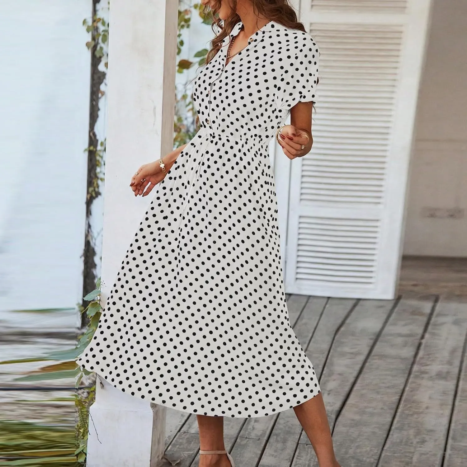 Womens Polka Dots Midi Dress Summer Short Sleeve V Neck Button Flowy Dress Elastic Waist A Line Boho Beach Dresses