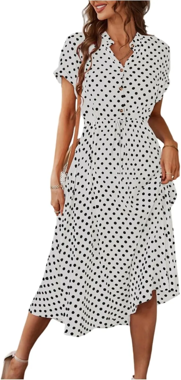 Womens Polka Dots Midi Dress Summer Short Sleeve V Neck Button Flowy Dress Elastic Waist A Line Boho Beach Dresses