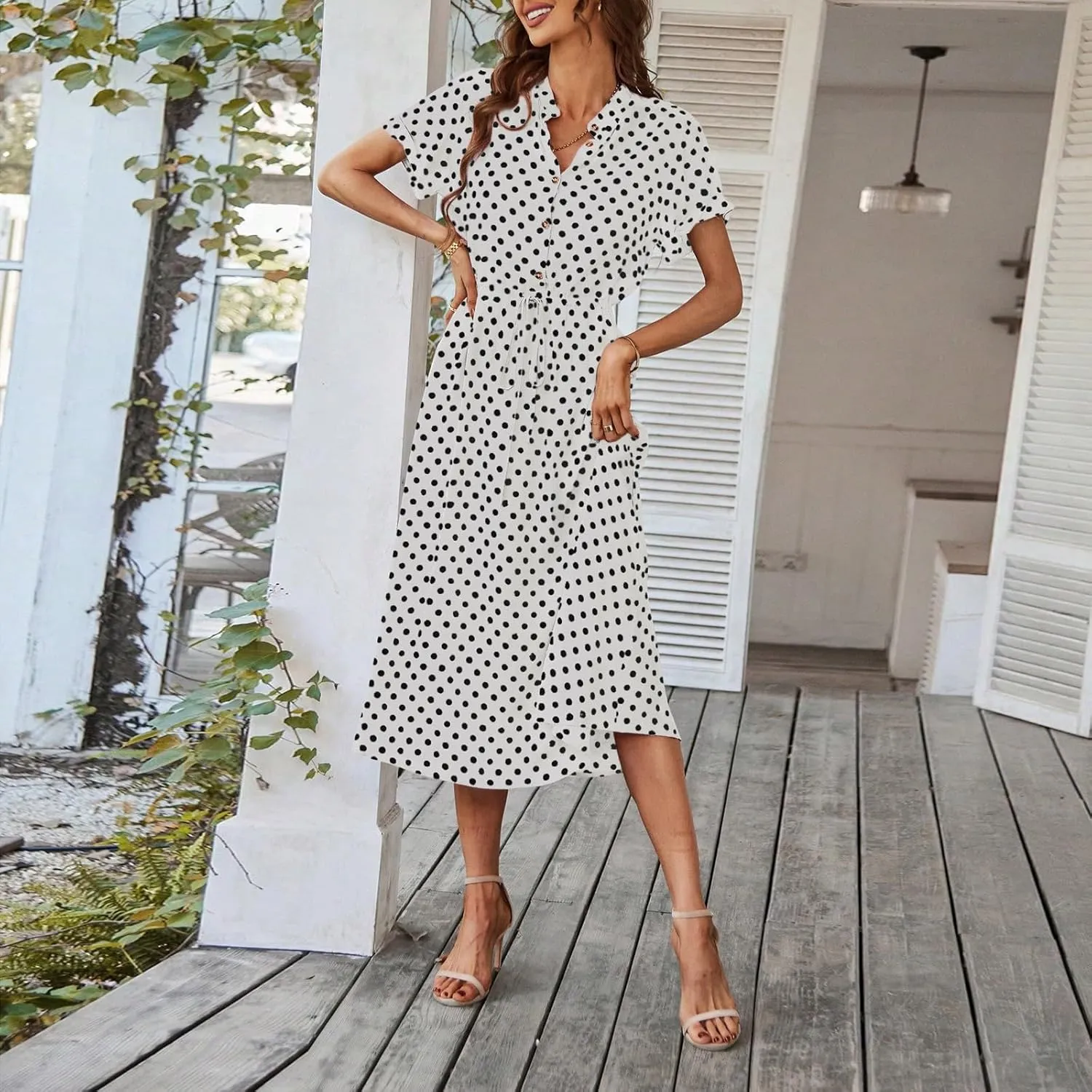 Womens Polka Dots Midi Dress Summer Short Sleeve V Neck Button Flowy Dress Elastic Waist A Line Boho Beach Dresses