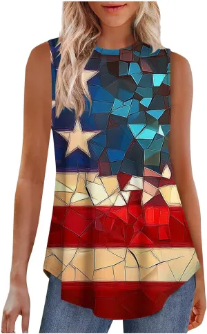Womens Red White Blue Stars Stripes USA Flag High Neck Tanks Patriotic Tops 4th of July Independence Summer Shirts