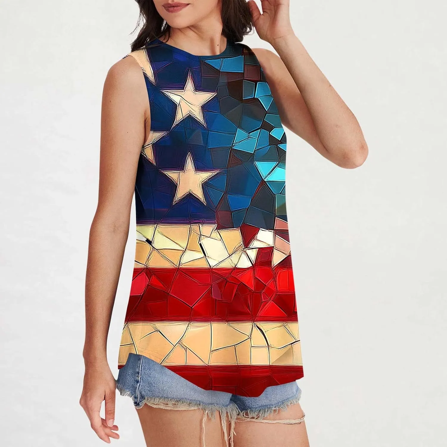 Womens Red White Blue Stars Stripes USA Flag High Neck Tanks Patriotic Tops 4th of July Independence Summer Shirts