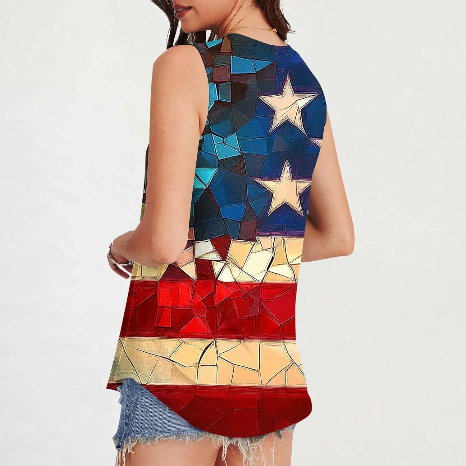 Womens Red White Blue Stars Stripes USA Flag High Neck Tanks Patriotic Tops 4th of July Independence Summer Shirts