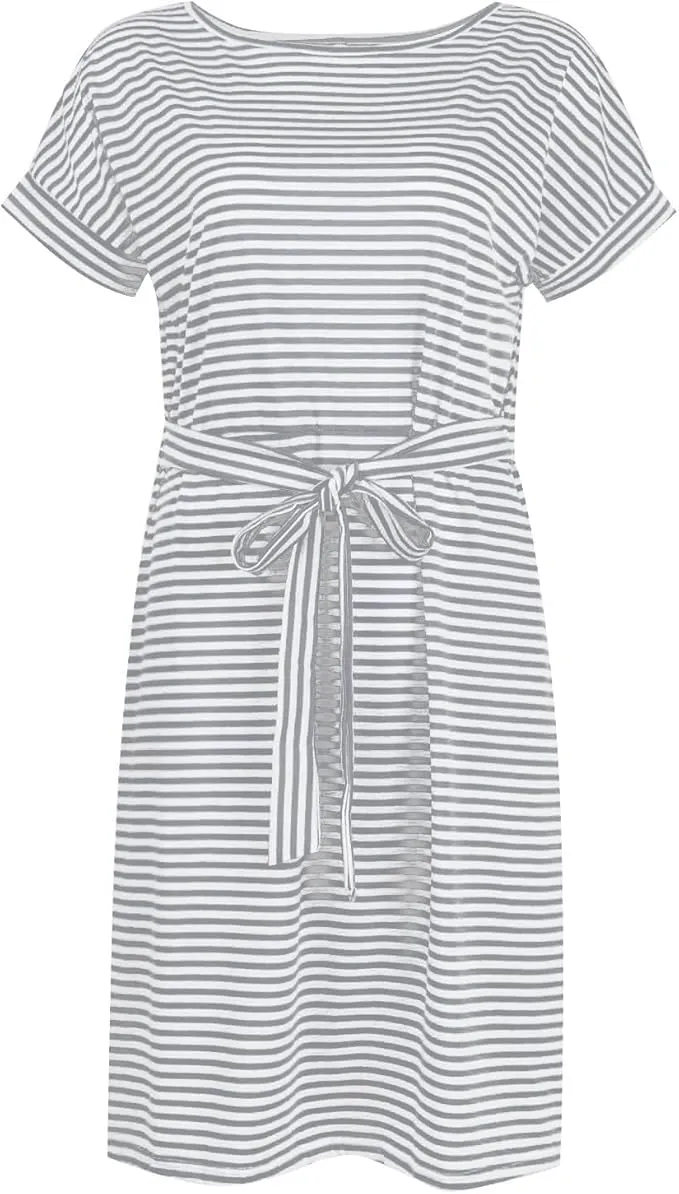 Women's Round Neck Short Sleeve Tie Waist Striped Dress Summer Casual T Shirt Dresses A Line Sundress with Pocket