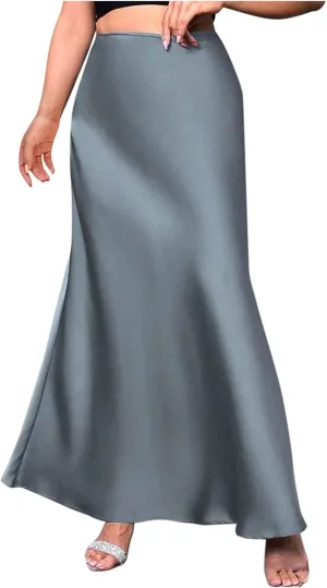 Women's Satin Elegant Long Skirt High Waist Hidden Silk Dressy Maxi Skirts Elastic Waist Flared Casual A Line Skirt