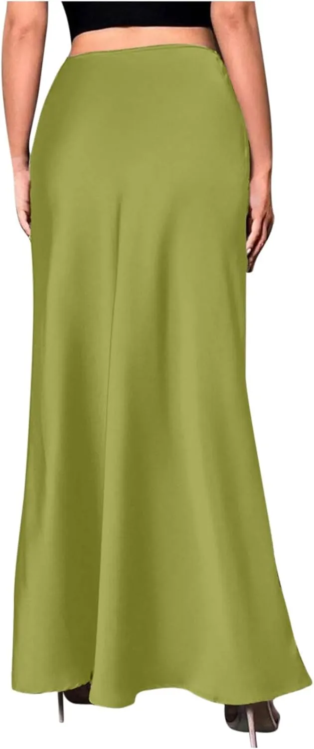 Women's Satin Elegant Long Skirt High Waist Hidden Silk Dressy Maxi Skirts Elastic Waist Flared Casual A Line Skirt