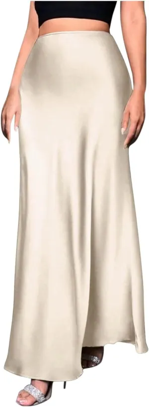 Women's Satin Elegant Long Skirt High Waist Hidden Silk Dressy Maxi Skirts Elastic Waist Flared Casual A Line Skirt