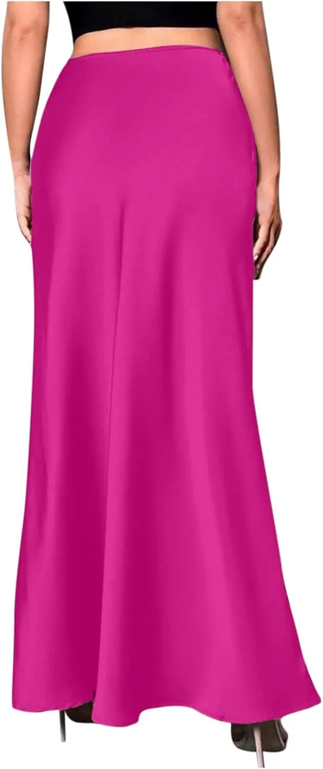 Women's Satin Elegant Long Skirt High Waist Hidden Silk Dressy Maxi Skirts Elastic Waist Flared Casual A Line Skirt