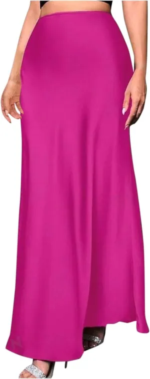 Women's Satin Elegant Long Skirt High Waist Hidden Silk Dressy Maxi Skirts Elastic Waist Flared Casual A Line Skirt