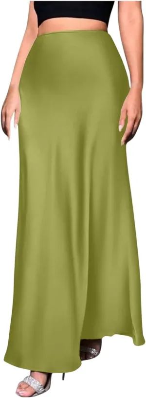 Women's Satin Elegant Long Skirt High Waist Hidden Silk Dressy Maxi Skirts Elastic Waist Flared Casual A Line Skirt