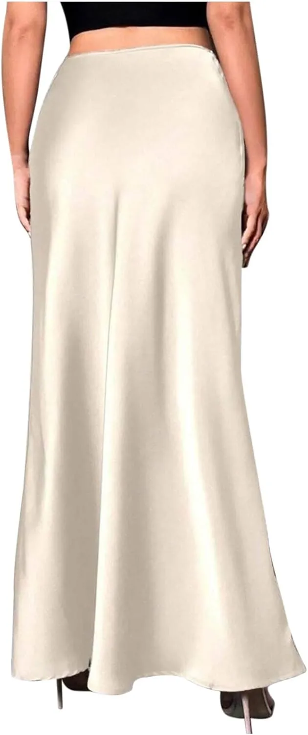 Women's Satin Elegant Long Skirt High Waist Hidden Silk Dressy Maxi Skirts Elastic Waist Flared Casual A Line Skirt
