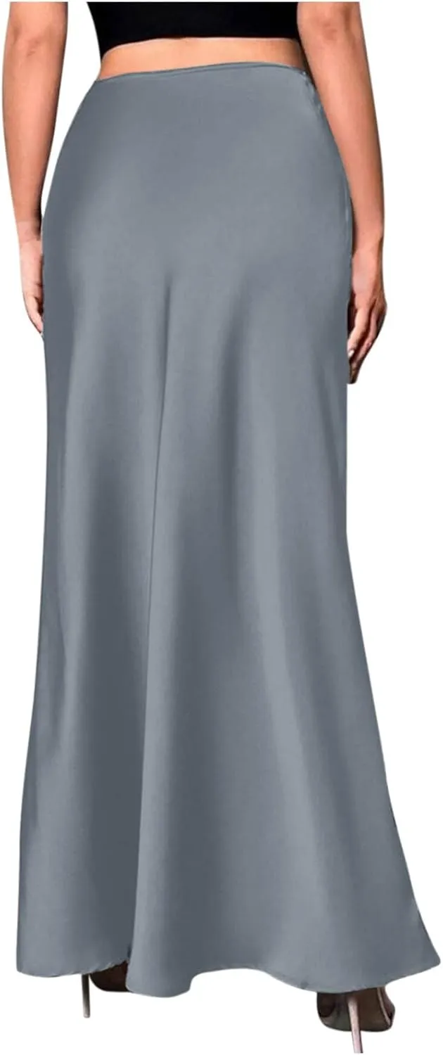 Women's Satin Elegant Long Skirt High Waist Hidden Silk Dressy Maxi Skirts Elastic Waist Flared Casual A Line Skirt