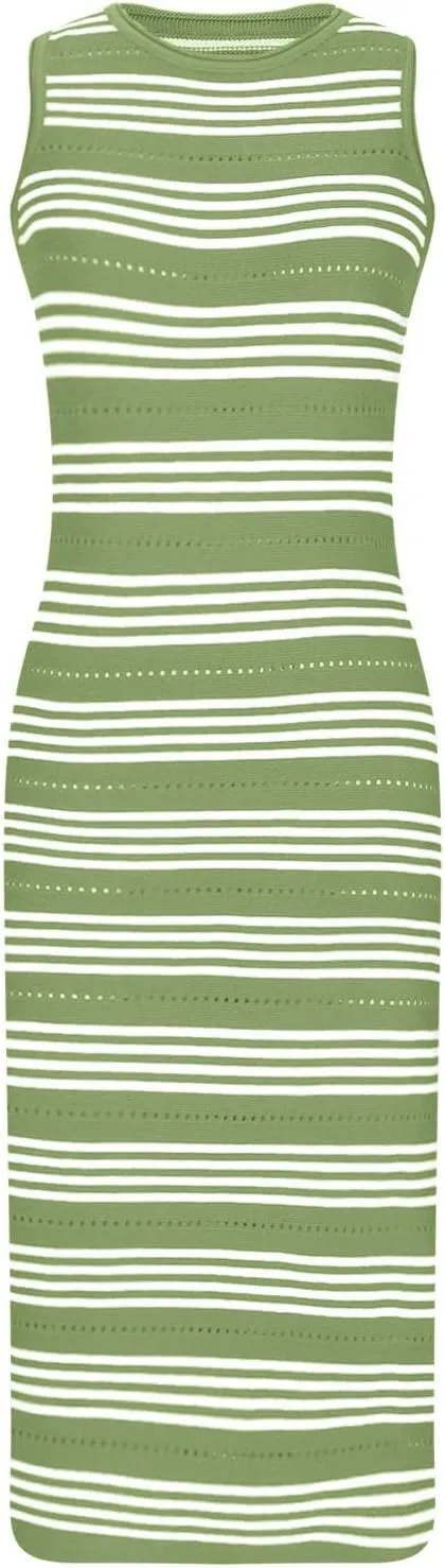 Women's Sexy Knitted Striped Long Dress Casual Classic Slim Fit Dresses Fashion Side Spilt Dress Vacation Dress