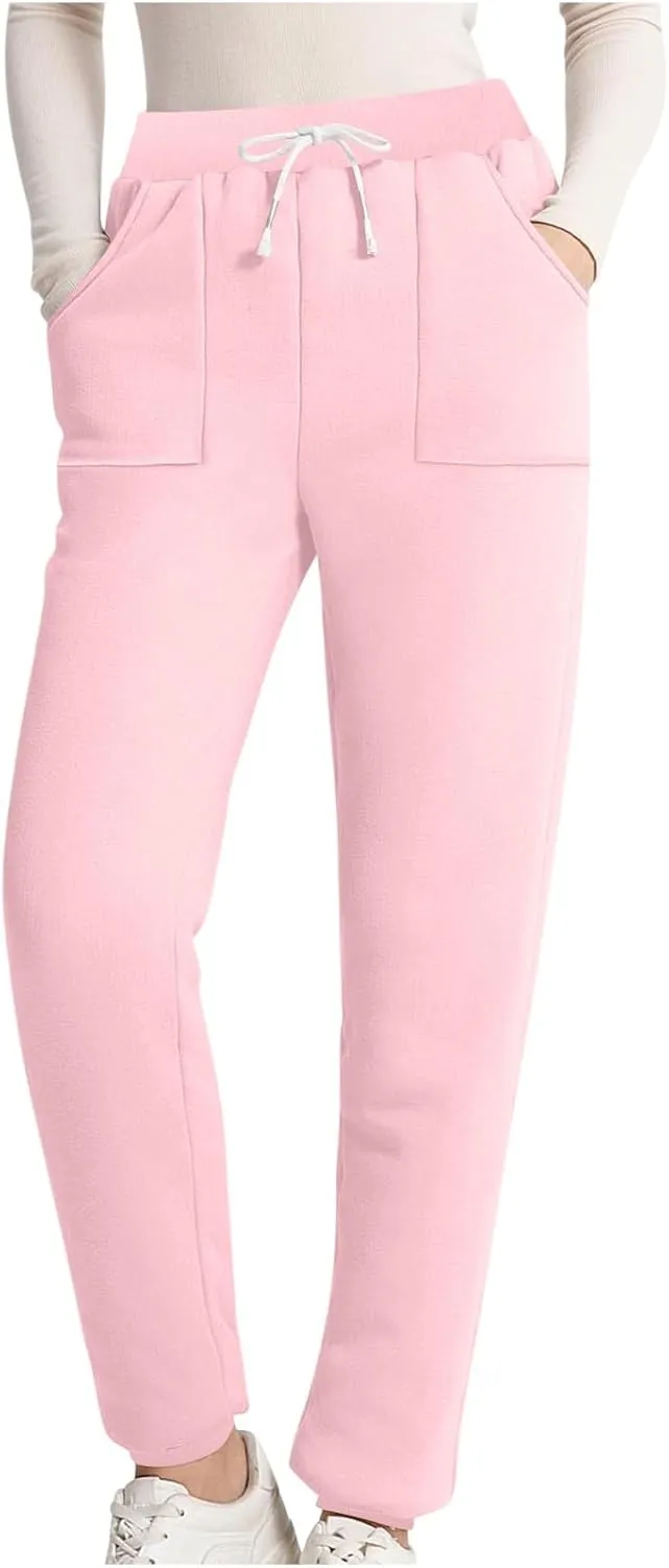 Womens Sherpa Lined Sweatpants Warm Thicken Fleece Winter Pants Straight Leg Cinch Bottom Jogger Pant with Pockets