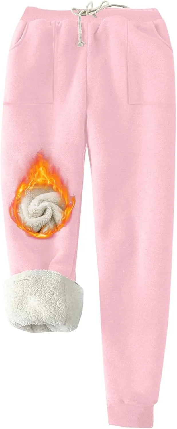 Womens Sherpa Lined Sweatpants Warm Thicken Fleece Winter Pants Straight Leg Cinch Bottom Jogger Pant with Pockets