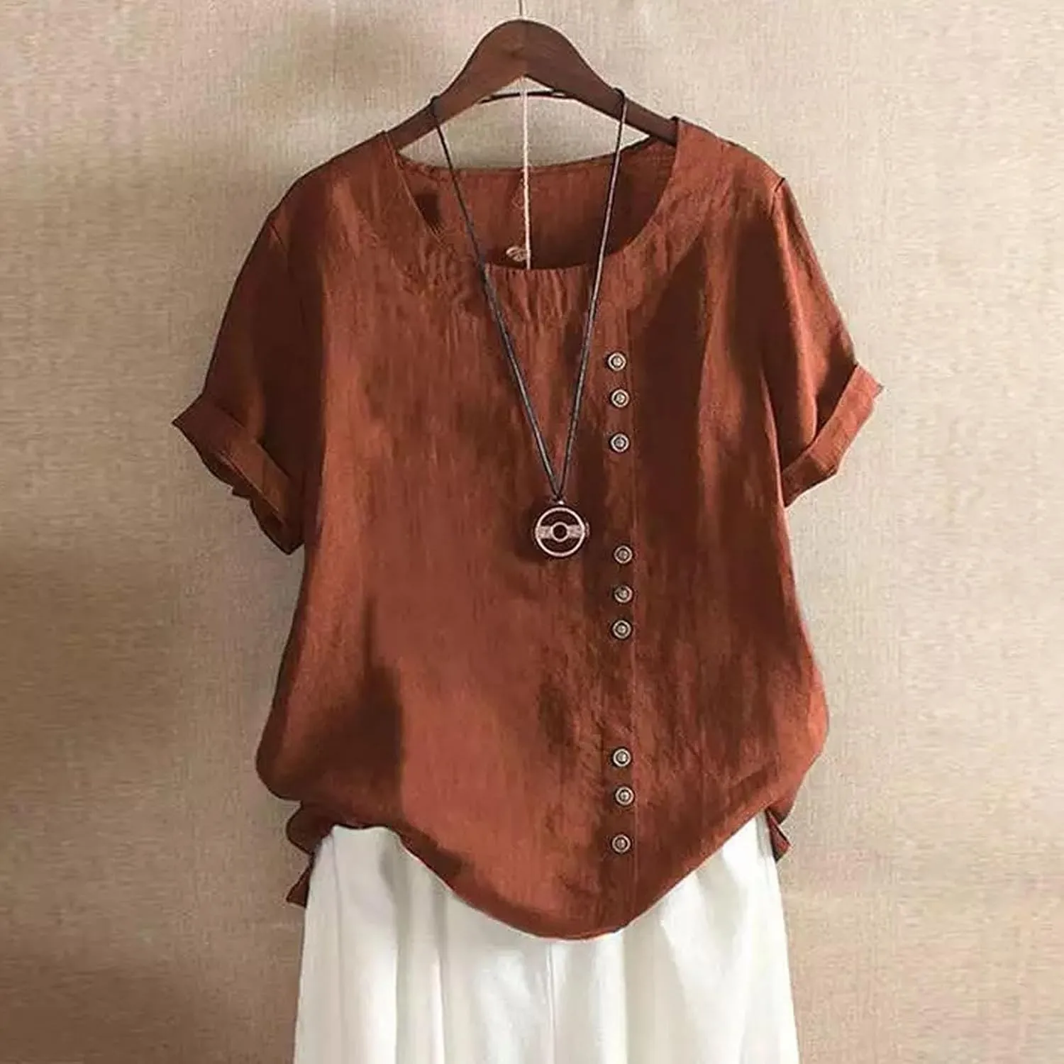 Women's Short Sleeve Cotton Linen Shirts Casual V Neck Soft T-Shirt Button Up Loose Summer Tshirts