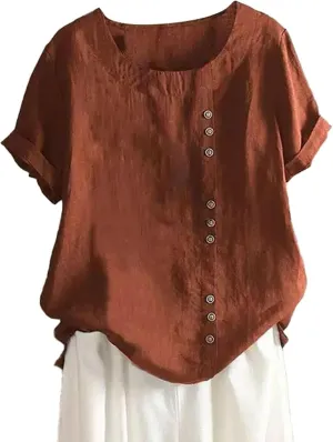Women's Short Sleeve Cotton Linen Shirts Casual V Neck Soft T-Shirt Button Up Loose Summer Tshirts