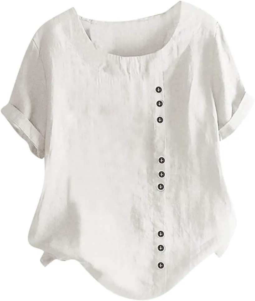 Women's Short Sleeve Linen Shirt Casual V Neck Oversized T Shirts Solid Color Loose Summer Tee Top