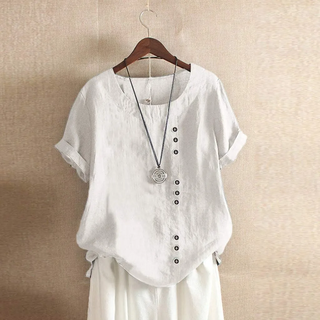 Women's Short Sleeve Linen Shirt Casual V Neck Oversized T Shirts Solid Color Loose Summer Tee Top