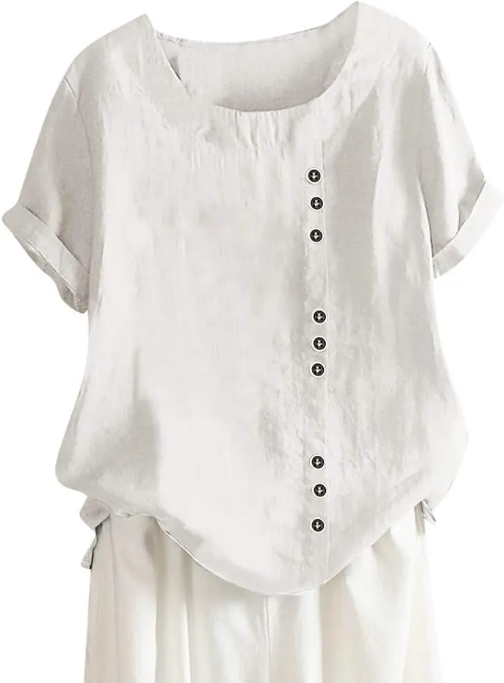 Women's Short Sleeve Linen Shirt Casual V Neck Oversized T Shirts Solid Color Loose Summer Tee Top