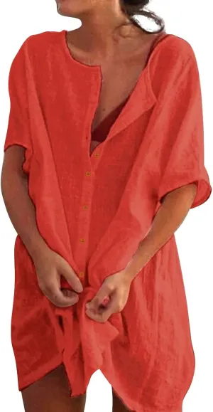 Womens Short Sleeve Linen Shirts Casual Round Neck Oversized T Shirt Embroidery Loose Fit Summer Tee Tops