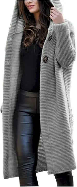 Women's Single-breasted Pea Coat Hooded Long Trench Coat Button Cardigan Knit Outwear,Long Wool Coat
