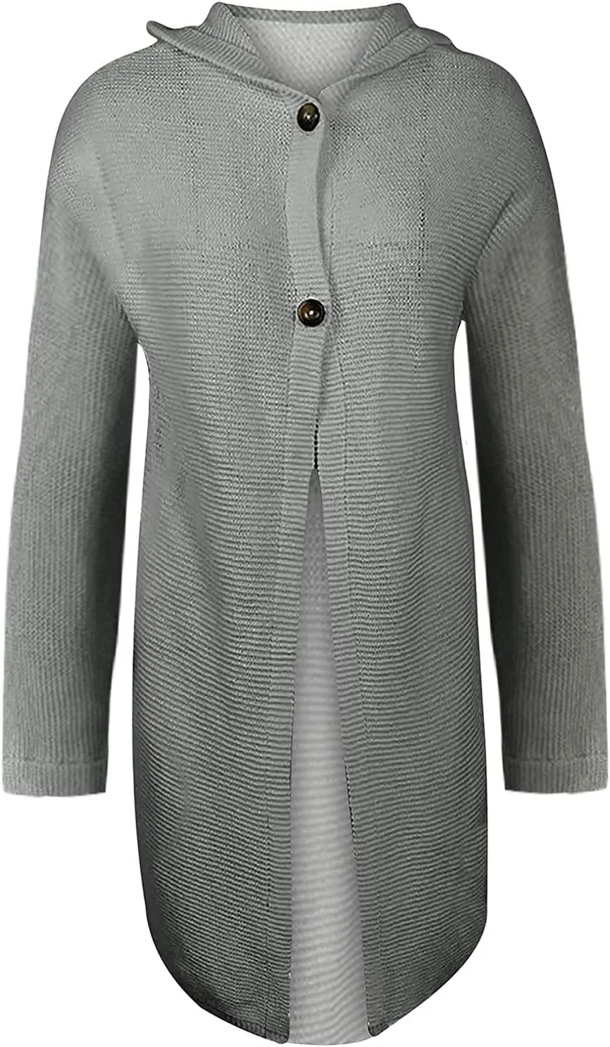 Women's Single-breasted Pea Coat Hooded Long Trench Coat Button Cardigan Knit Outwear,Long Wool Coat