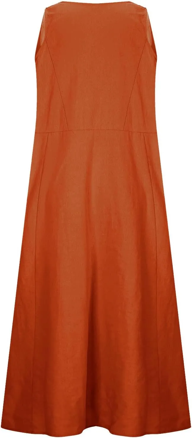 Women's Sleeveless Cotton Linen Dress Summer Beach Tank Dress Plus Size Printed Long Dress with Pockets