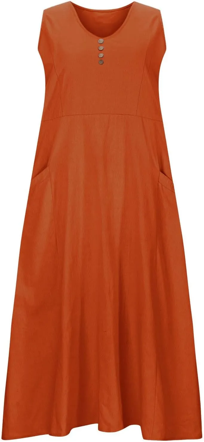 Women's Sleeveless Cotton Linen Dress Summer Beach Tank Dress Plus Size Printed Long Dress with Pockets