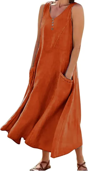 Women's Sleeveless Cotton Linen Dress Summer Beach Tank Dress Plus Size Printed Long Dress with Pockets