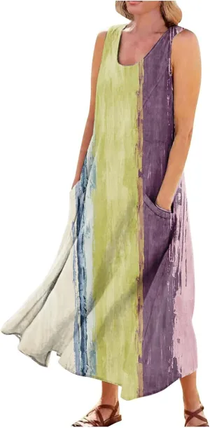 Womens Sleeveless Dresses Spring Summer Crewneck Sundress Casual Loose A Line Hawaiian Tunic Dress with Pocket S-5XL