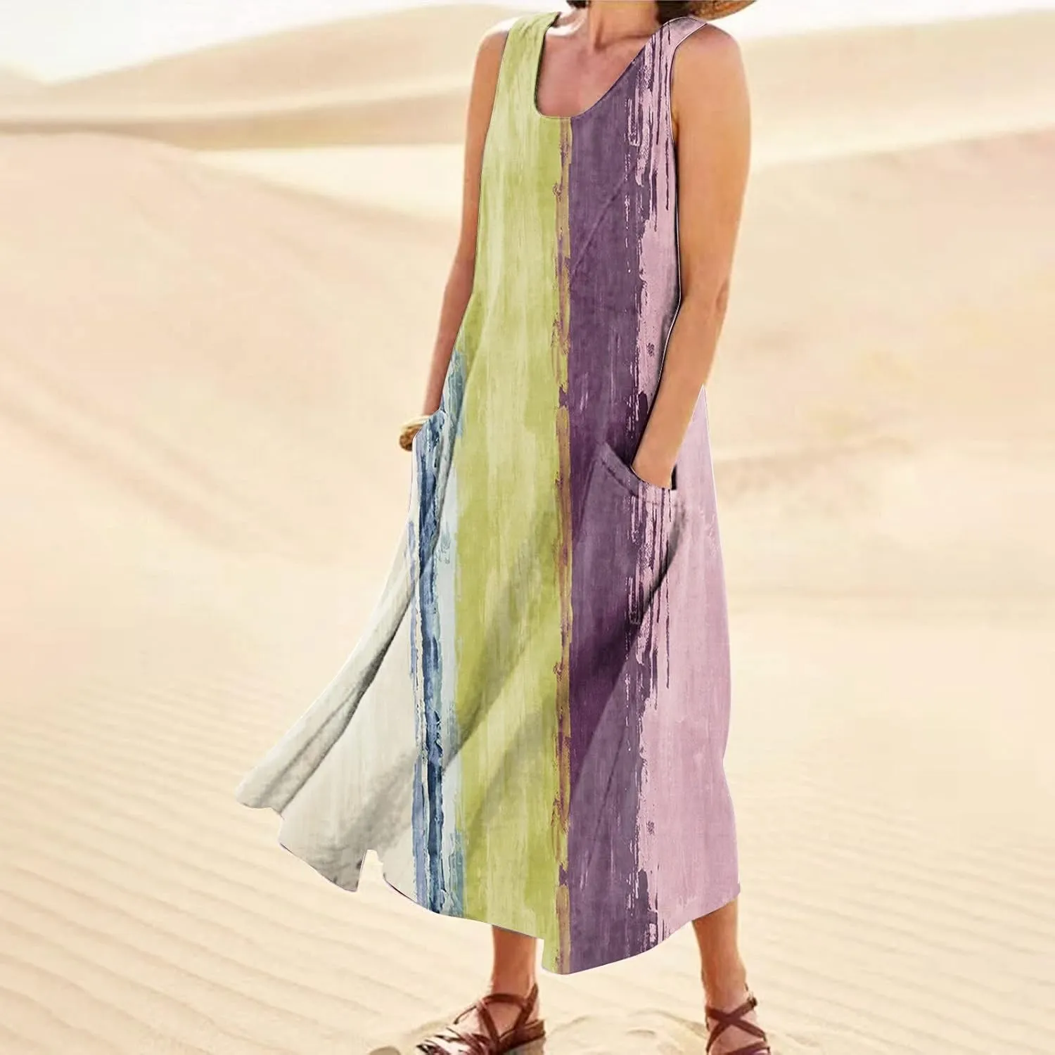 Womens Sleeveless Dresses Spring Summer Crewneck Sundress Casual Loose A Line Hawaiian Tunic Dress with Pocket S-5XL